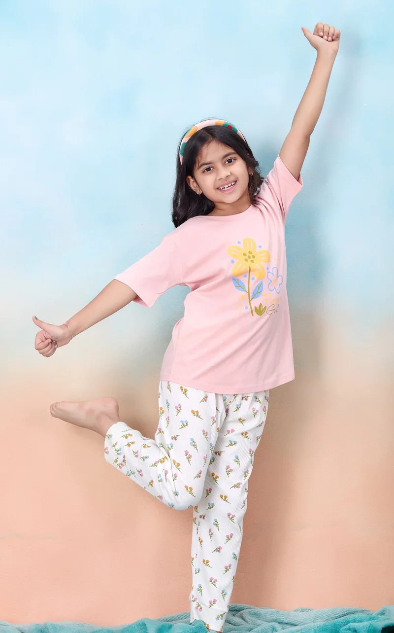 Artemea  Flower printed Girls Premium Peach Boxy T shirt and Floral Printed  Pajama  set (2pc set -Top & Bottom) for Women | Best Price UAE